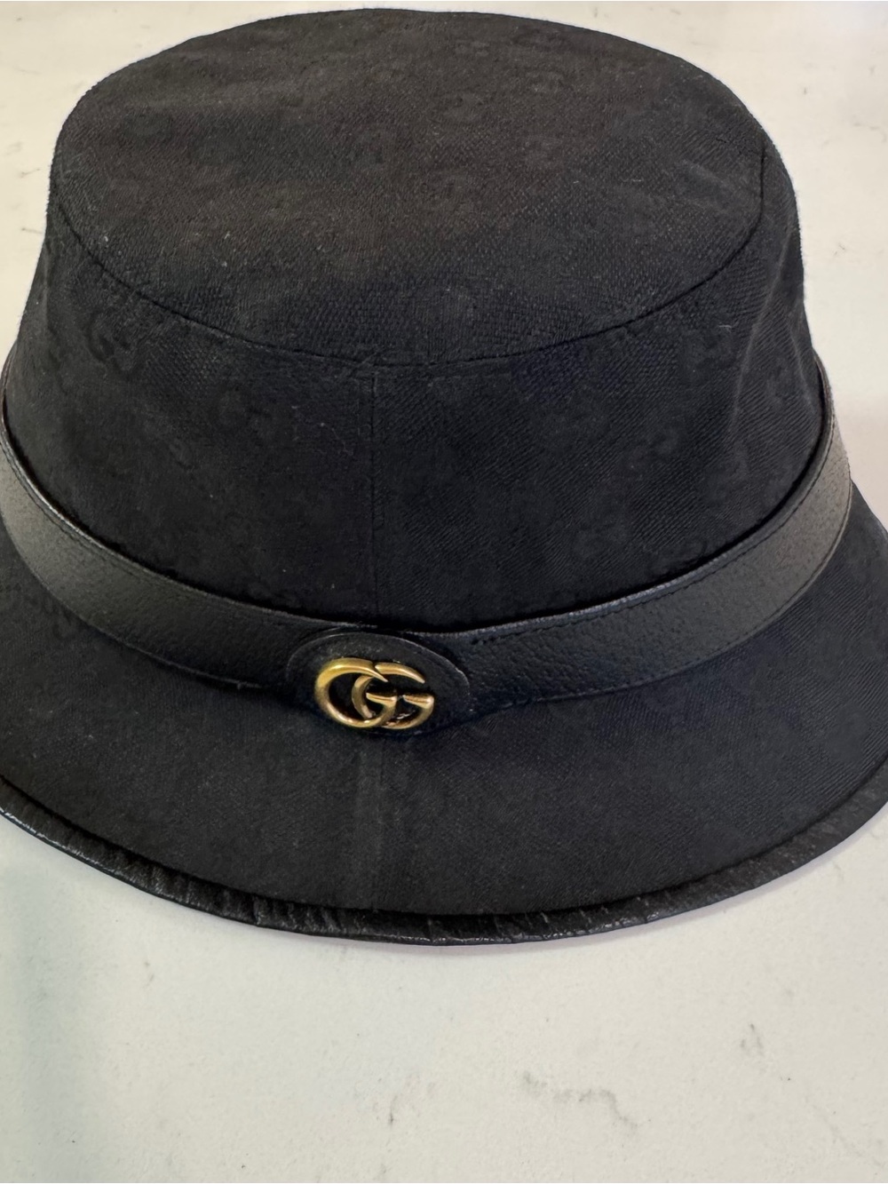 Gucci Black GG Monogram Bucket Hat with Gold Double-G